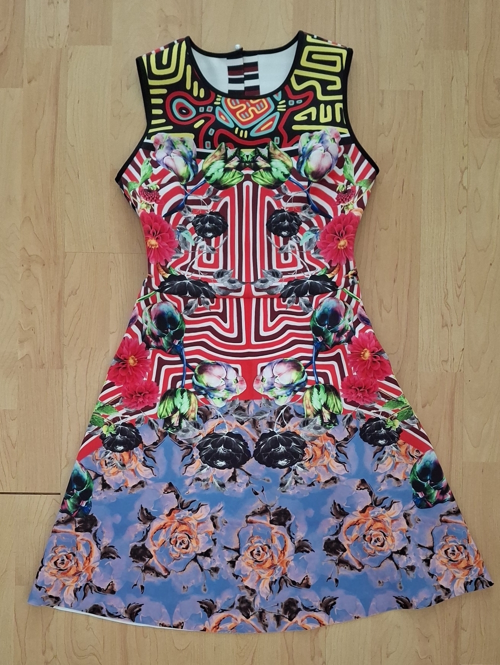 Clover Canyon Scuba Colorful Graphic Floral Fit-and-Flare Mini Dress Open Back